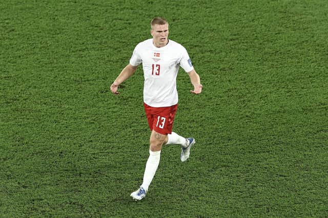DOHA, QATAR - NOVEMBER 26: Rasmus Kristensen of Denmark reacts during the FIFA World Cup Qatar 2022 Group D match between France and Denmark at Stadium 974 on November 26, 2022 in Doha, Qatar. (Photo by Tim Nwachukwu/Getty Images,)