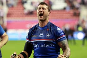 Jay Pitts celebrates the semi-final win over Wigan. (Photo: John Clifton/SWpix.com)