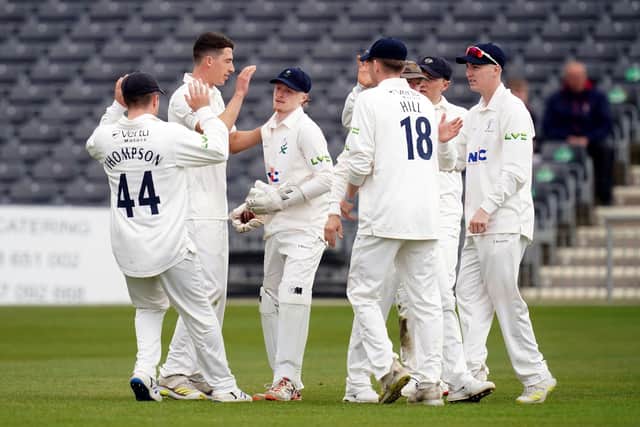 Yorkshire's Matthew Fisher celebrates taking the wicket of Gloucestershire's Ben Charlesworth during his solitary first-team appearance of the season to date. Photo: David Davies/PA Wire.