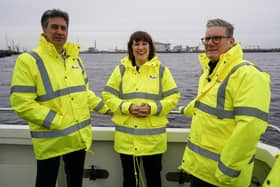 Shadow Secretary of State of Climate Change and Net Zero, Ed Miliband, Shadow Chancellor Rachel Reeves and Labour Leader Keir Starmer take a boat trip on the River Tees during a visit to PD ports on April 18, 2024 in Teesside.