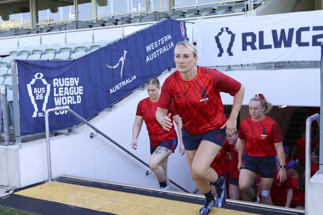 Jodie Cunningham leads her team out for a training session at HBF Park. (Photo: Peter Keleman/SWpix.com)