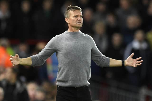Leeds United's US head coach Jesse Marsch reacts during the English Premier League football match between Liverpool and Leeds United at Anfield in Liverpool, north west England on October 29, 2022. (Photo by OLI SCARFF/AFP via Getty Images)