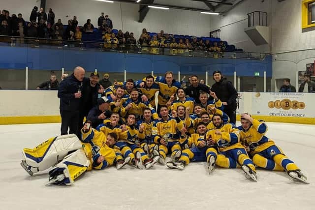 CHAMPIONS: Leeds Knights toast their NIHL National league title win in Telford on Sunday night.
