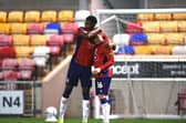FIT AGAIN: York City's Arthur Read, right with the fit-again Zech Medley (Image: Jonathan Gawthorpe)