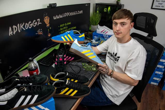 Keilan Kogut, who customises trainers from his home in Pudsey, AdiKoggz..
18 October 2021. Picture Bruce Rollinson