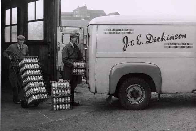 Joseph Dickinson on the left and Edgar Dickinson right loading bottles of cream onto a delivery van at Upper Longley Farm in 1960. Picture supplied by Longley Farm.