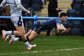 OVER THE LINE: Doncaster Knights' Jack Metcalf was among the tries again against Cambridge. Picture: Jonathan Gawthorpe