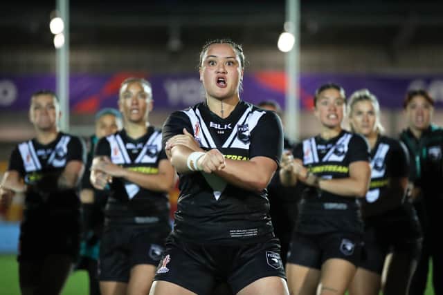 Mya Hill-Moana of New Zealand leads the Haka prior to the game against France. (Photo by Jan Kruger/Getty Images for RLWC)