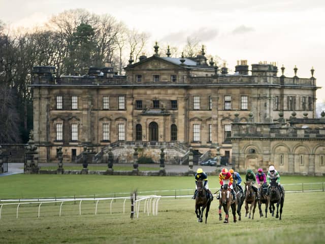 Jockey race horses during the Sinnington point-to-point amateur horse race, taking place at Duncombe Park, home to one of Yorkshire's finest historic houses and estates. Photo credit should read: Danny Lawson/PA Wire