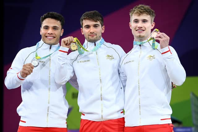 WINNERS: Silver medalist Jordan Houlden (left) gold medalist, Daniel Goodfellow and bronze medalist, Jack Laugher pose with their medals during the medal ceremony for the Men's 3m Springboard Final at the 2022 Commonwealth Games Picture: Quinn Rooney/Getty Images