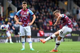 DEAD-BALL SPECIALIST: Scott Twine scores for Burnley against Cardiff City in the final game of last season