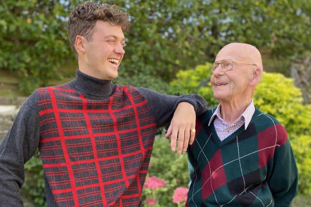 Guy and his grandpa, David, wear reconditioned cashmere knits, with prices from £55-65.