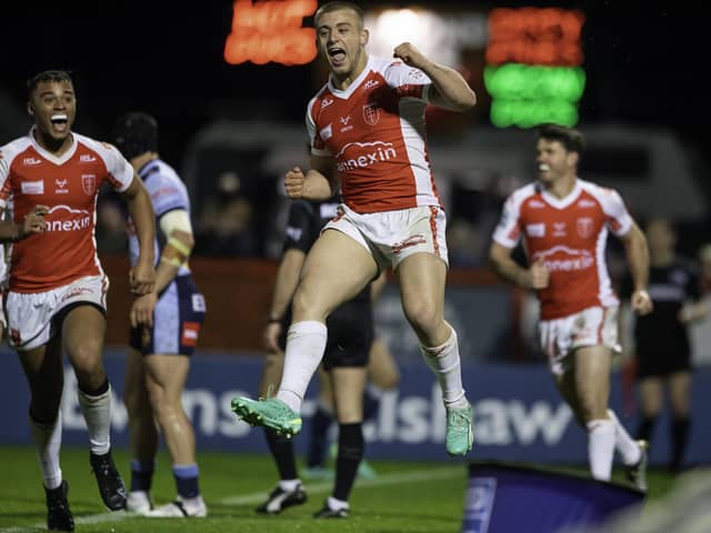 Mikey Lewis jumps for joy after scoring his second try. (Photo: Allan McKenzie/SWpix.com)