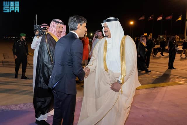 Prime Minister Rishi Sunak (centre left) arriving for a visit to Saudi Arabia. PIC: Saudi Press Agency/PA Wire