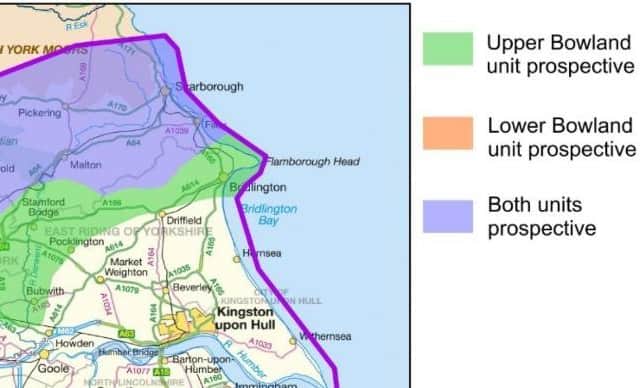 A map showing possible areas that could be fracked in East Yorkshire.
