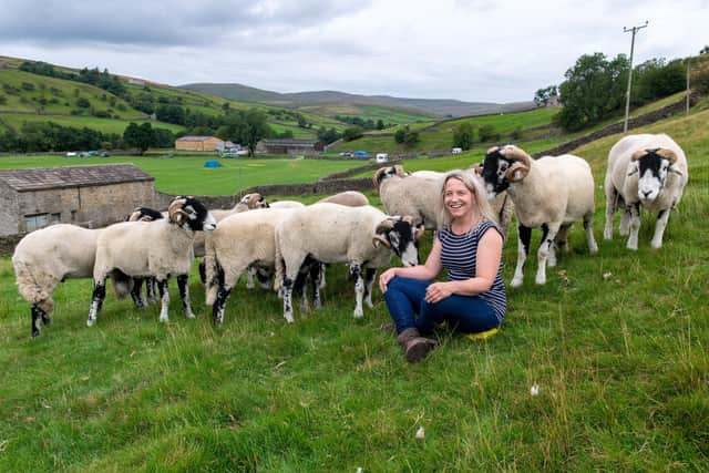 Muker Show commitee member Christine Clarkson with some of her Swaledale sheep