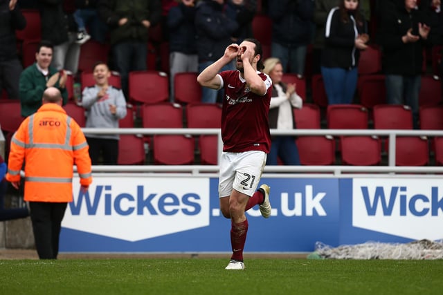 John-Joe O'Toole of Northampton Town celebrates after scoring his side's second goal during the Sky Bet League One match between Northampton Town and Charlton Athletic at Sixfields on March 4, 2017.
