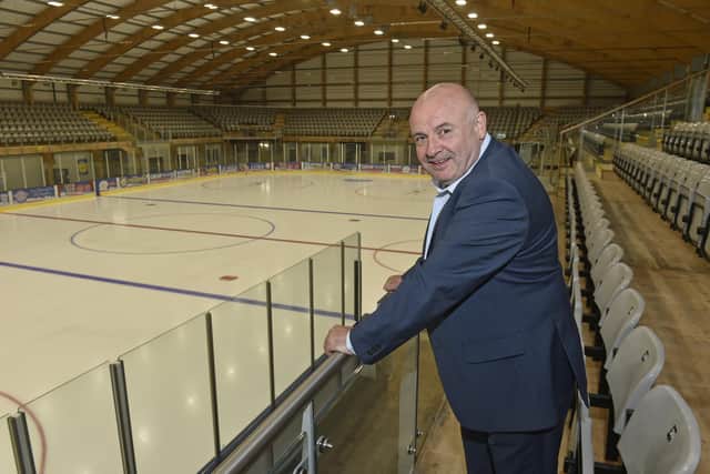BIG AIMS: Steve Nell, pictured back in April 2021 shortly after he had bought the Leeds ice hockey franchise. Picture: Steve Riding.