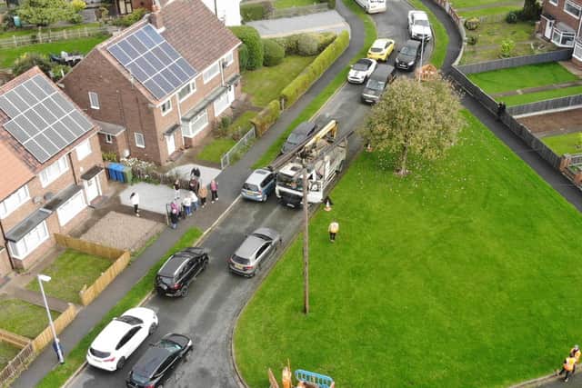 An aerial view of the standoff between MS3 contractors and people in Westlands Drive, Hedon, East Riding of Yorkshire during works to install broadband poles