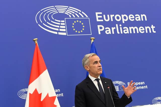 Canada's Prime Minister Mark Carney speaks during a press conference at the European Parliament. PIC: AP Photo/Pascal Bastien