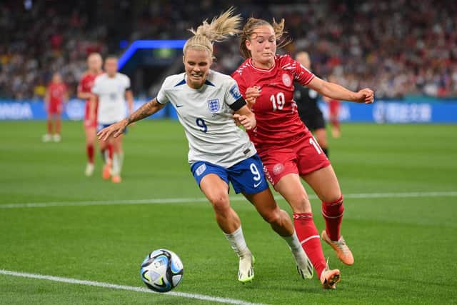 Rachel Daly of England is challenged by Janni Thomsen of Denmark during the FIFA Women's World Cup Australia & New Zealand 2023 Group D match (Picture: Justin Setterfield/Getty Images)