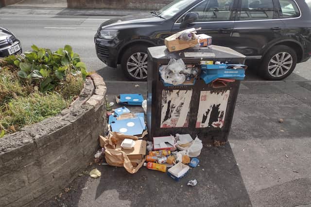 Liberal Democrat activist Andrew Mortimer with a bin overflowing with rubbish in Hull Road, York.