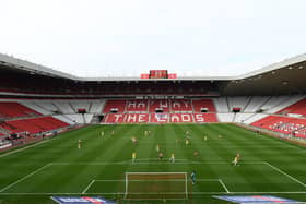 SUNDERLAND, ENGLAND - APRIL 02: A general viewof the action with the 'Ha'way the lads' signage seen on the empty seating during the Sky Bet League One match between Sunderland and Oxford United at Stadium of Light on April 02, 2021 in Sunderland, England. Sporting stadiums around the UK remain under strict restrictions due to the Coronavirus Pandemic as Government social distancing laws prohibit fans inside venues resulting in games being played behind closed doors. (Photo by Stu Forster/Getty Images)