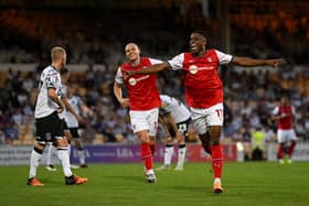 BURSLEM, ENGLAND - AUGUST 10: Chiedozie Ogbene of Rotherham United scores their side's second goal during the Carabao Cup First Round between Port Vale and Rotherham United at Vale Park on August 10, 2022 in Burslem, England. (Photo by Ross Kinnaird/Getty Images)