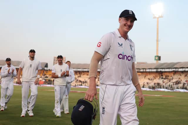 Yorkshireman Harry Brook of England leads the team off the field, at the end of play during day three of the Second Test Match between Pakistan and England  at Multan Cricket Stadium on December 11. (Picture: Matthew Lewis/Getty Images)