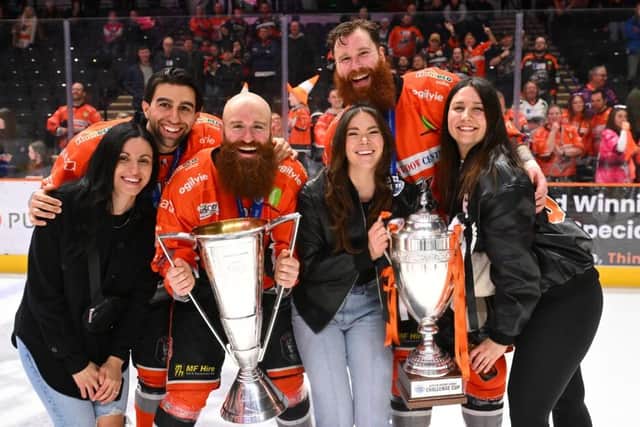 PARTY TIME: Sheffield Steelers' Daniel Ciampini, Colton Saucerman and Kevin Tansey celebrate with their partners. Picture: Dean Woolley/Steelers Media.