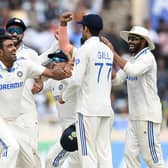 Ravichandran Ashwin celebrates the wicket of Joe Root after DRS showed the Yorkshireman to be out lbw on day three of the fourth Test in Ranchi. Photo by Gareth Copley/Getty Images.