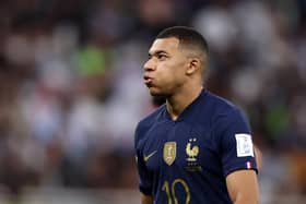 DOHA, QATAR - DECEMBER 04:  Kylian Mbappe of France reacts during the FIFA World Cup Qatar 2022 Round of 16 match between France and Poland at Al Thumama Stadium on December 04, 2022 in Doha, Qatar. (Photo by Francois Nel/Getty Images)