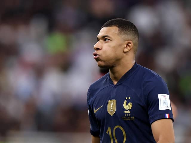 DOHA, QATAR - DECEMBER 04:  Kylian Mbappe of France reacts during the FIFA World Cup Qatar 2022 Round of 16 match between France and Poland at Al Thumama Stadium on December 04, 2022 in Doha, Qatar. (Photo by Francois Nel/Getty Images)