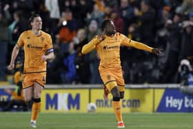 Hull City's Noah Ohio (right) celebrates scoring his side's third goal of the game during the Sky Bet Championship match with Ipswich Town at the MKM Stadium. Picture: Richard Sellers/PA Wire.