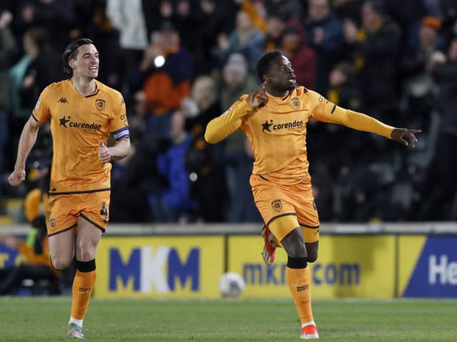 Hull City's Noah Ohio (right) celebrates scoring his side's third goal of the game during the Sky Bet Championship match with Ipswich Town at the MKM Stadium. Picture: Richard Sellers/PA Wire.