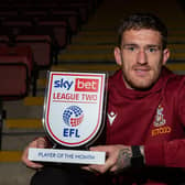 Bradford City striker Andy Cook, pictured with his League Two player-of-the-month accolade for April. Picture courtesy of Bradford City AFC.