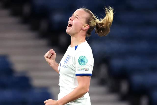 England's Beth Mead celebrates scoring their side's fourth goal against Scotland at Hampden Park Picture: Steve Welsh/PA