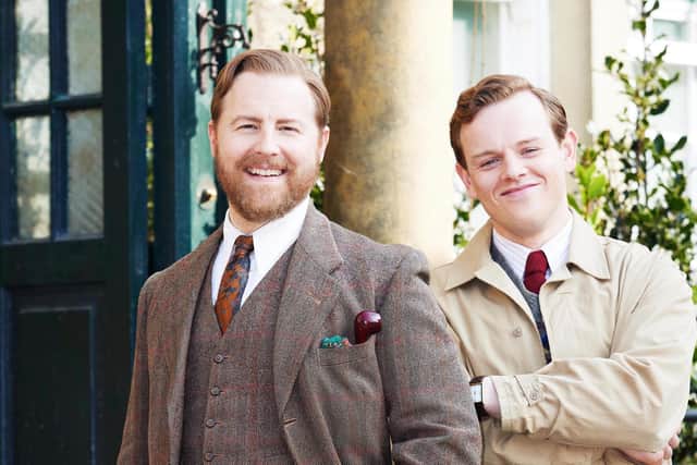 Siegfried Farnon (Samuel West) and Tristan Farnon (Callum Woodhouse) outside Skeldale House, dressed for its Darrowby incarnation. Picture: Helen Williams / Playground