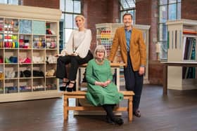 The Great British Sewing Bee presenters Sara Pascoe, Esme Young and Patrick Grant. (Pic credit: BBC/Love Productions/James Stack)