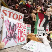 Parents and children lay out cuddly toys across the entrance to the Foreign Office in London, as they protest to save children's lives in Gaza. PIC: Jordan Pettitt/PA Wire