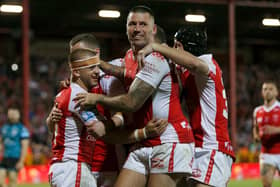 SWEET REVENGE: Hull KR's players celebrate Mickey Lewis's try, their sixth, against Leigh. Picture by Ed Sykes/SWpix.com