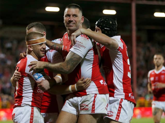 SWEET REVENGE: Hull KR's players celebrate Mickey Lewis's try, their sixth, against Leigh. Picture by Ed Sykes/SWpix.com
