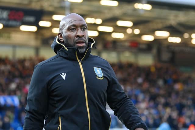 PETERBOROUGH, ENGLAND - MAY 12: Sheffield Wednesday manager Darren Moore looks on before the Sky Bet League One Play-Off Semi-Final First Leg match between Peterborough United and Sheffield Wednesday at Weston Homes Stadium on May 12, 2023 in Peterborough, England. (Photo by Michael Regan/Getty Images)