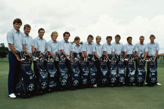 Tony Jacklin, captain of Europe with team members Severiano Ballesteros, Nick Faldo, Bernhard Langer, Gordon J. Brand, Sandy Lyle, Brian Waites, Paul Way, Sam Torrance, Ian Woosnam, Jose Maria Canizares,Ken Brown and  Bernard Gallacher during the 25th Ryder Cup Matches on 14 October 1983 at the PGA National Golf Club in Palm Beach Gardens, Florida. (Picture: Getty Images)
