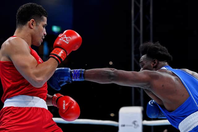 Finding his range: Delicious Orie of Great Britain, left, against Nelvie Tiafack of Germany at the World Boxing Cup GB Open Sheffield 2024 (Picture: Andy Chubb/World Boxing)