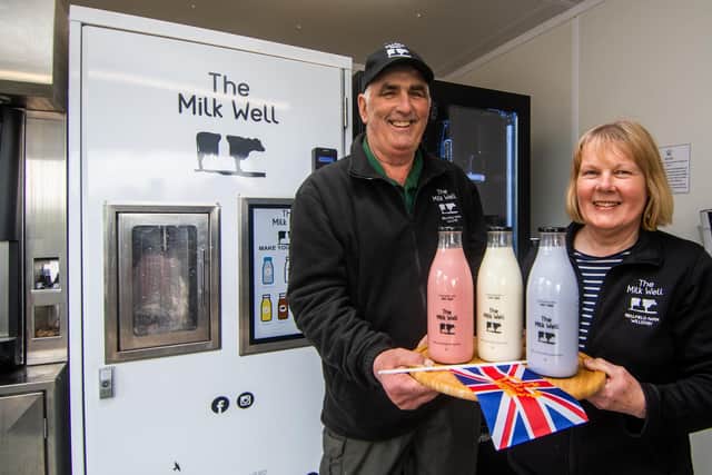 Country Post - Dairy farmers David and Moyra Collinson, who run The Milk Well, at Bellfield Farm, Willerby near Hull, along with their son Philip. The family have installed their own milk dispense for members of the public to purchased fresh and flavoured milk, from their cows and their son Philip looks after the arable land on the farm. Pictured Dairy farmers David and Moyra Collinson at The Milk Well, with a selection of their flavoured milk.