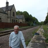 Dave Goodison, the original Don Valley Railway campaigner, at Deepcar Station with the remaining track in 2003