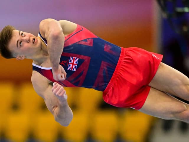 On the rise: Halifax's Luke Whitehouse representing Great Britain at the World Cup in Doha earlier this month and winning a bronze medal with his floor routine. (Picture: Noushad Thekkayil/NurPhoto/Shutterstock)