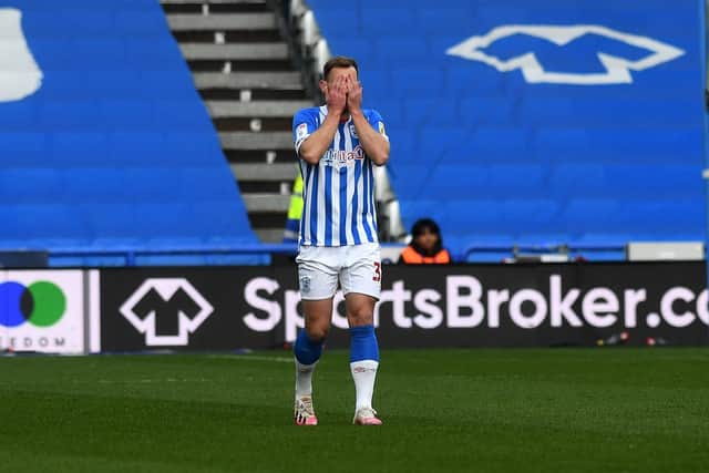 Huddersfield Town's Tom Lees shows his anguish in the game with Coventry City. Picture: Jonathan Gawthorpe