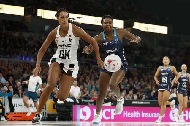 Geva Mentor, left, playing for Collingwood Magpies in Super Netball in Australia in 2023. (Picture: Daniel Pockett/Getty Images)